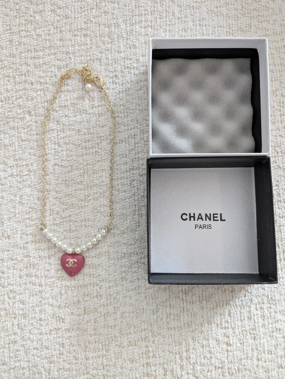 CHANEL Gold-Chain Necklace with Pink Heart and Pearls